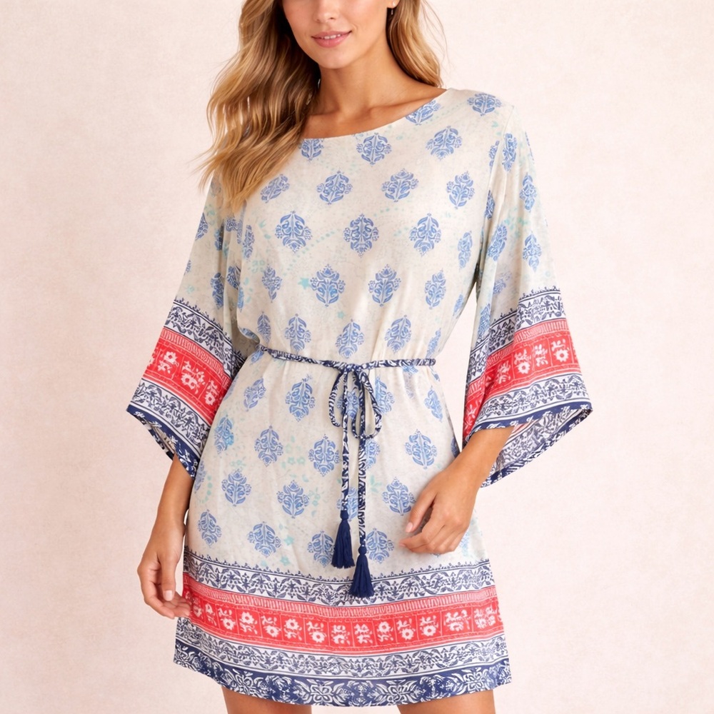 Boho Kimono Sleeve Tunic Dress Ivory Blue Orange Print Tassel Tie Dress Small